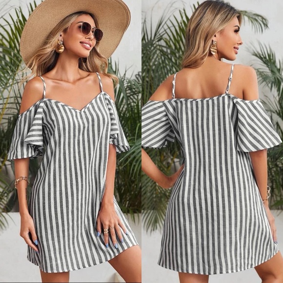 Ruffle cold shoulder short sleeve striped boho preppy dress blue white - Picture 2 of 2